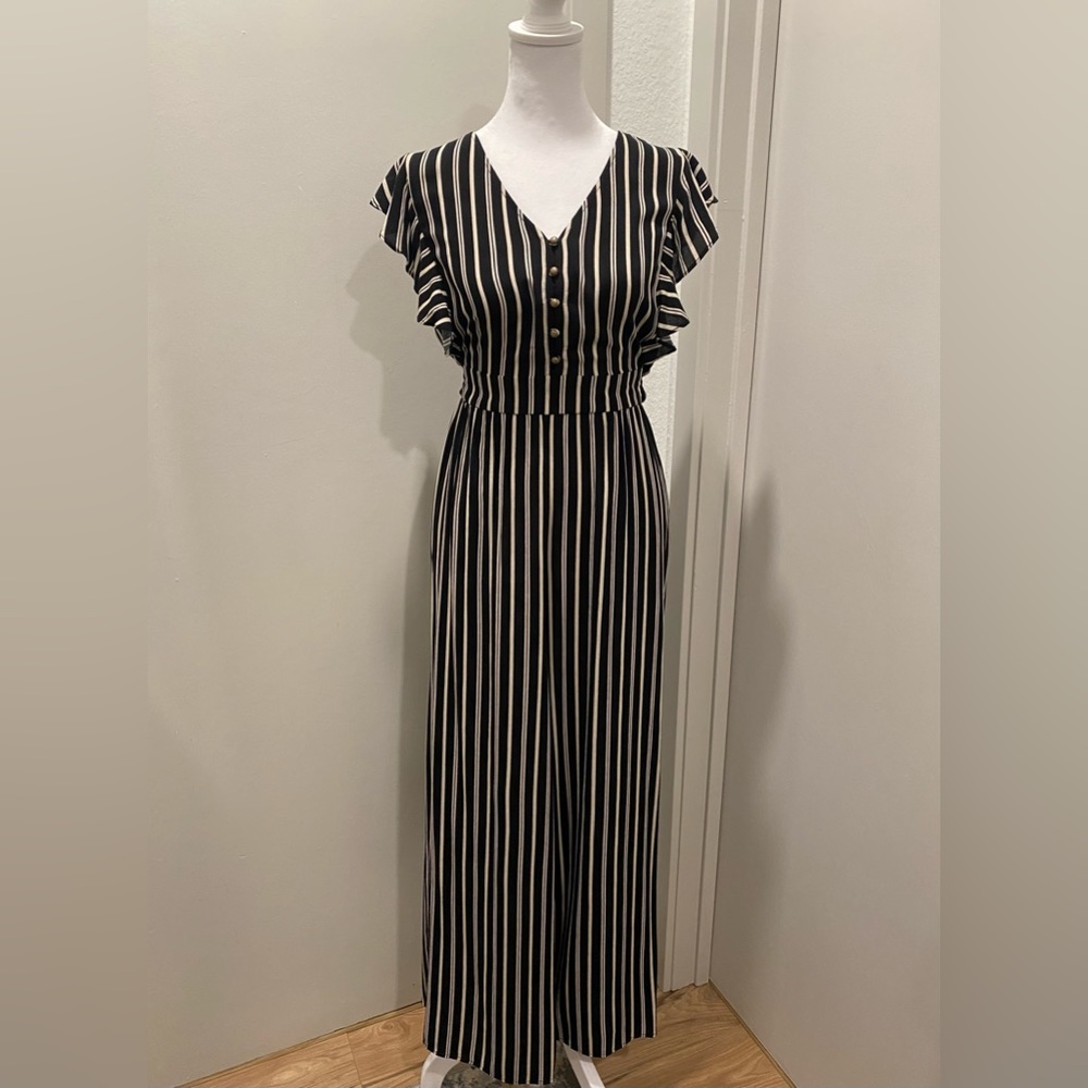 Xhilaration Black & Cream Vertical Striped Jumpsuit With Ruffle Sleeves - XS